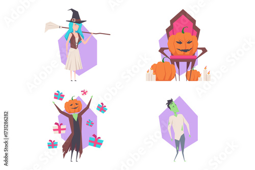 Colorful Halloween collection with witch with broom, spooky pumpkin throne, lively character with gifts, and zombie, bringing festive spirit to celebration
