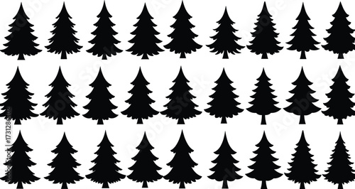 Black pine tree silhouettes in grid pattern, unique forest shapes, nature design elements for pattern recognition, classification, and artistic inspiration