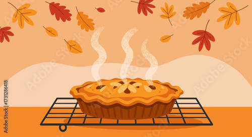 A baked pie on a rack with autumn leaves and a warm orange background