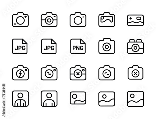 Photo & Image File Type Line Icons - Camera, JPG, PNG, GIF, RAW, Portrait, Landscape, Flash for Photography, Web Design, Social Media & App UI

