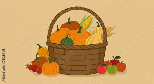 A basket overflows with pumpkins corn apples and other fall harvest bounty