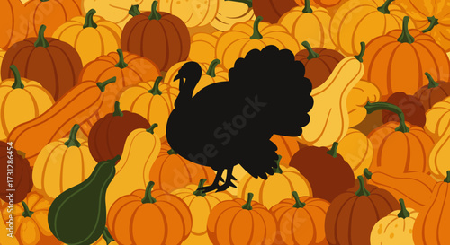 A black turkey silhouette amid pumpkins and gourds in autumn colors