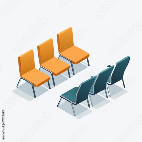 Modern waiting area with contrasting orange and teal chairs arranged in rows, ideal for office or reception design concepts