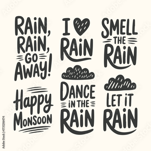 Art of happy monsoon, dance in the rain, let it rain, rain rain go away, i love rain, smell the rain, hand drawn lettering quotes and phrases about rain and monsoon season