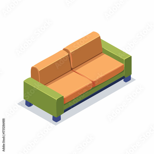 Modern isometric sofa design in vibrant orange and green, perfect for interior decor and home furnishing projects