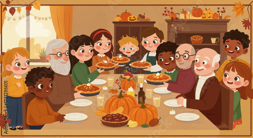 A cartoon Thanksgiving dinner scene with diverse children and adults at a table filled with food