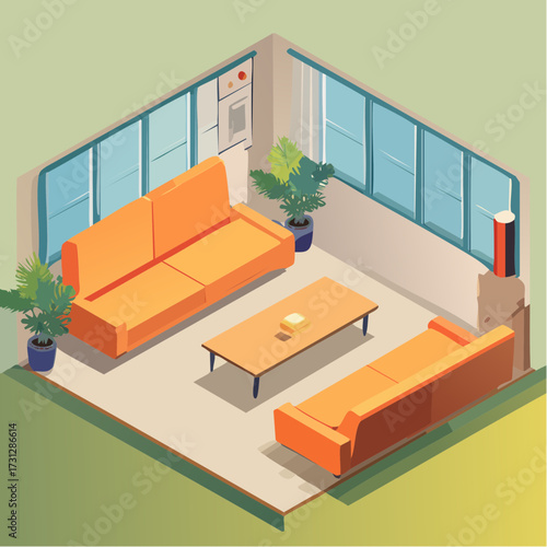 Inviting modern living room with vibrant orange sofas and lush green plants creating a cozy, stylish, and relaxing atmosphere for everyday comfort and gatherings