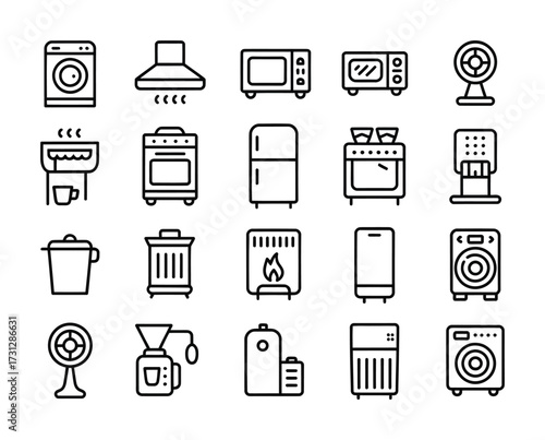 Home Appliances Line Icons - Washing Machine, Refrigerator, Microwave, Oven, Fan, Coffee Maker, Trash Can, Air Conditioner for Smart Home & Interior Design

