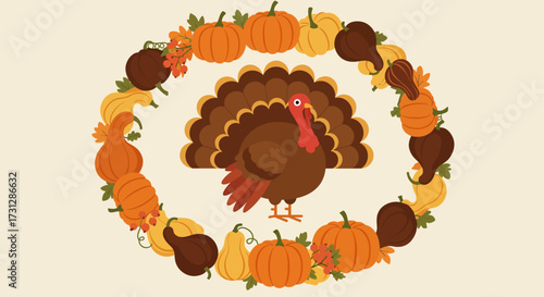 A cartoon turkey stands in a wreath of pumpkins and gourds