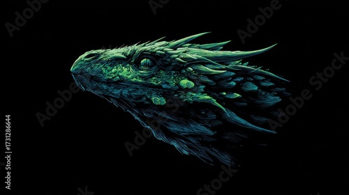 Mysterious dragon portrait with detailed green scales and dark background