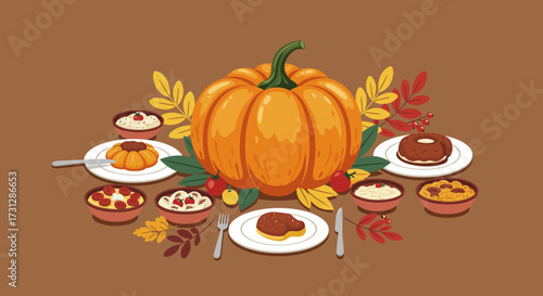 A central pumpkin surrounded by plates and bowls of food with autumn leaves adorning a brown table