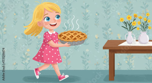 A blonde girl carries a steaming pie past a table with flowers