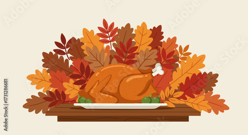 A cooked turkey sits on a plate with autumn leaves behind it