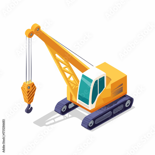 Modern yellow construction crane with hook and tracks lifting heavy loads for industrial projects and urban development