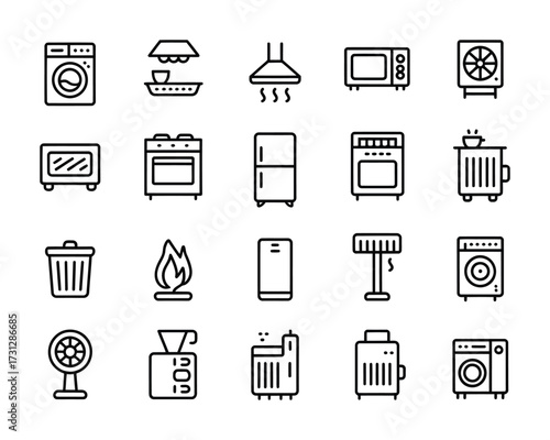 Home Appliances Line Icons - Washing Machine, Refrigerator, Microwave, Oven, Fan, Coffee Maker, Trash Can, Air Conditioner for Smart Home & Interior Design

