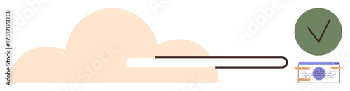 Cloud with progress bar, checkmark in circle, and currency note symbolize secure storage, data transfer, and financial transactions. Ideal for fintech, security, cloud computing, data sharing
