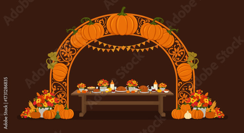 A festive autumn table laden with food framed by a pumpkin archway and floral arrangements