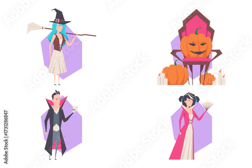 Colorful Halloween set with various characters including witch, vampire, and ghostly figure, surrounded by pumpkins and candles, perfect for festive decoration or projects
