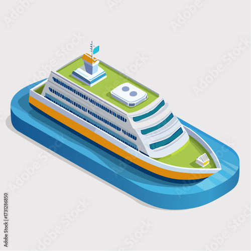 Modern isometric cruise ship for travel and leisure promotions, a symbol of vacation adventure and ocean exploration, ideal for tourism marketing