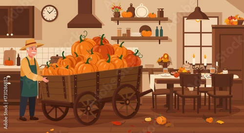 A farmer pushes a pumpkinfilled cart in a room prepped for Thanksgiving