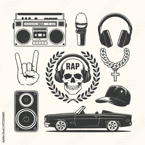 Vector art of rock and roll star emblem with banner and text rock roll forever, vintage style, isolated on cream background