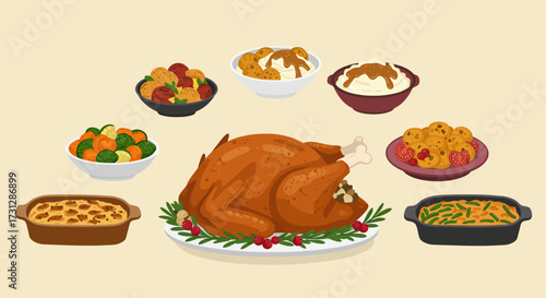 A festive feast shows turkey stuffing potatoes veggies  cranberry sauce arranged for a holiday meal