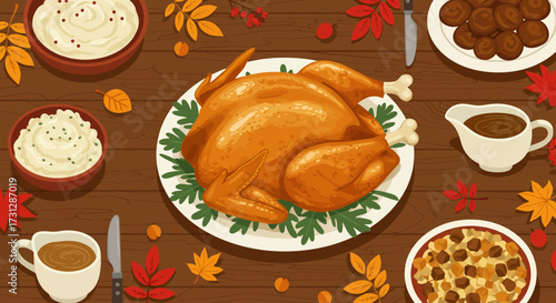 A festive Thanksgiving spread featuring a turkey mashed potatoes gravy and stuffing arranged on a wooden table with autumn leaves