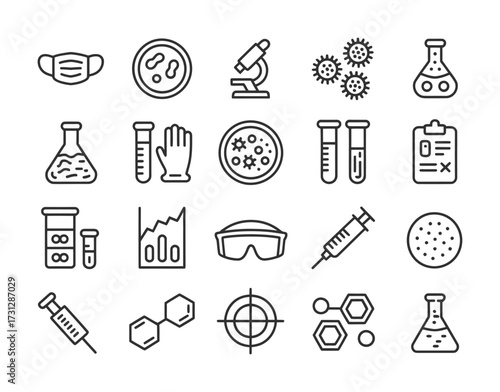 Science and Medical Research Line Icons: Lab Equipment, Microscope, and Safety Gear