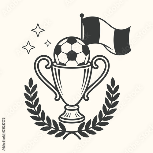 Art of a stylized graphic depicting a soccer ball atop a trophy, adorned with a laurel wreath and a national flag, symbolizing victory and championship in the sport