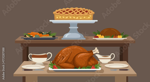 A holiday feast table showcases a turkey pie vegetables and side dishes in a warmtoned inviting arrangement