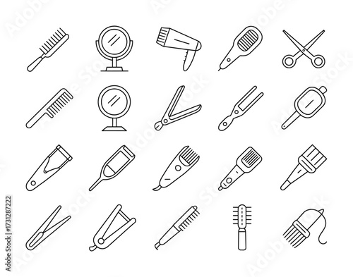 Barber & Stylist Equipment Line Icons - Scissors, Comb, Hairdryer, Clippers, Mirror, Razor, Curling Iron, Brush for Salon Apps, Branding & Grooming UI

