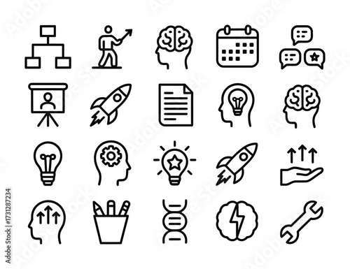 Startup & Business Strategy Line Icons - Rocket, Lightbulb, Brain, Calendar, DNA, Wrench, Presentation, Team for Entrepreneurship, Marketing & Tech UI

