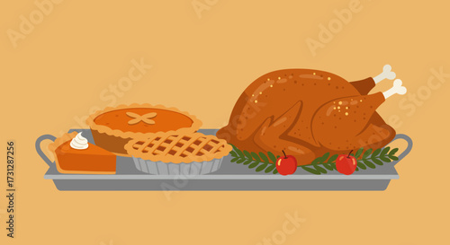 A platter holds a roasted turkey two apples two pies and a slice of pumpkin pie