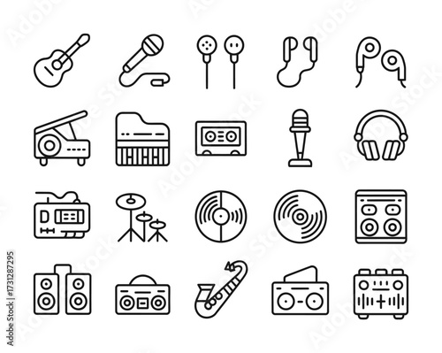 Audio Technology & Musical Instruments Line Icons - Drum Kit, Turntable, Cassette, Boombox, Mixer, Synth, Headphones for DJs, Podcasters & Music Apps


