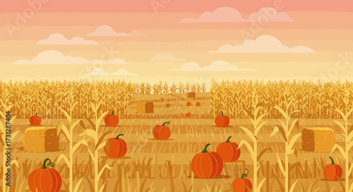 A pumpkin patch features pumpkins corn stalks and hay bales under a cloudy sunset