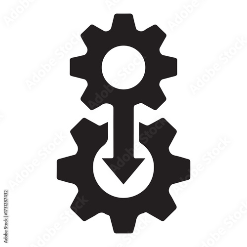 Industrial settings and download process illustrated by black cogwheel and downward arrow icon
