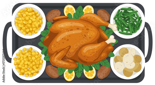 A roasted turkey sits on a tray surrounded by sides like corn potatoes and green beans