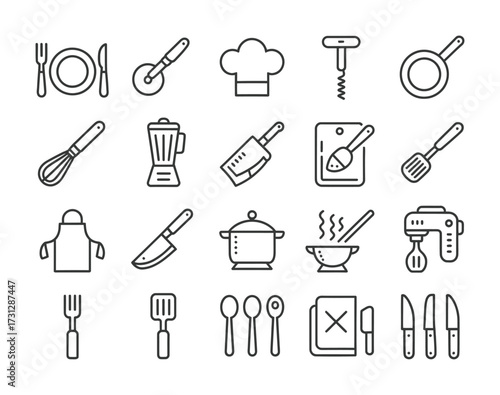 Kitchenware & Culinary Equipment Line Icons — Knife, Blender, Whisk, Pot, Apron, Spatula, Fork, Spoon for Recipe Apps, Restaurants, Food Blogs & Meal Prep

