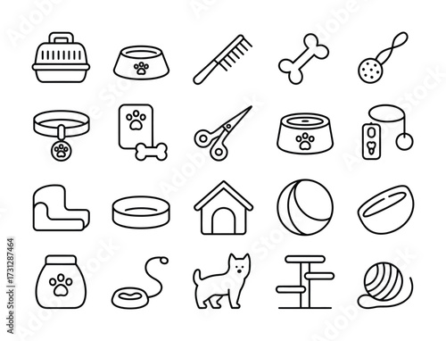 Pet Supplies & Grooming Line Icons - Bone, Toy, Brush, Collar, Bed, House, Ball, Leash for Pet Shops, E-commerce, Apps & Branding

