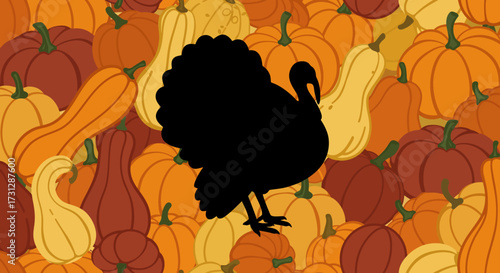 A silhouetted turkey stands amidst a field of pumpkins and gourds of varying colors and shapes