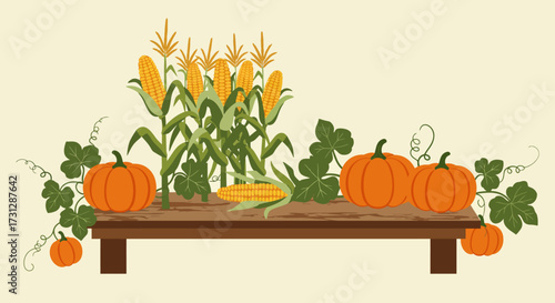 A table holding corn stalks pumpkins and leafy vines creating a harvestthemed display