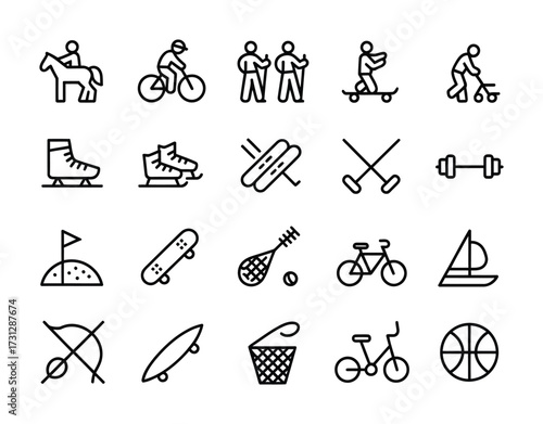 Sports & Active Lifestyle Line Icons - Bicycle, Skateboard, Golf, Basketball, Dumbbell, Ice Skates, Surfboard for Fitness Apps, Event Branding & Recreation UI

