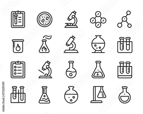 Chemistry Lab Equipment Line Icons - Beaker, Flask, Test Tubes, Microscope, Molecule, Bunsen Burner for Education, Research & Biotech Design

