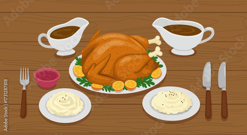 A Thanksgiving dinner featuring turkey sides gravy boats cutlery and a wooden table