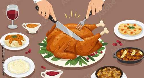 A Thanksgiving feast is depicted featuring a sliced turkey at the center surrounded by dishes and a glass of red wine