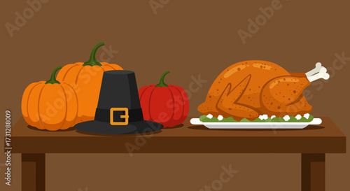 A Thanksgiving scene featuring pumpkins a pilgrim hat and a roasted turkey on a table