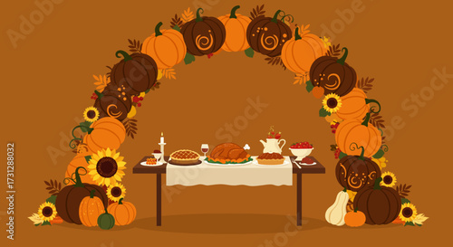 A Thanksgiving table laden with food framed by an arch of autumnal pumpkins and sunflowers on a warm brown background