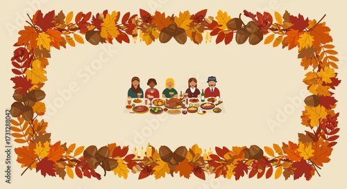 A Thanksgiving scene depicts a family at a table bordered by an autumnal leaf and acorn frame
