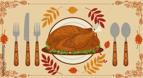 A Thanksgiving table setting with a roasted turkey as the main course