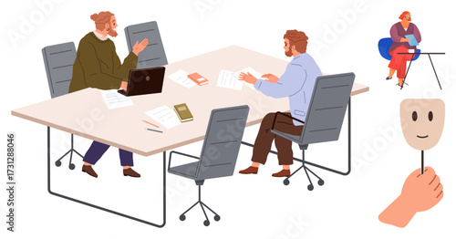 Two colleagues brainstorm at a desk, one on laptop. Nearby, a woman types alone, and a hand holds a smiling mask. Ideal for teamwork, communication, emotions, deceit duality psychology